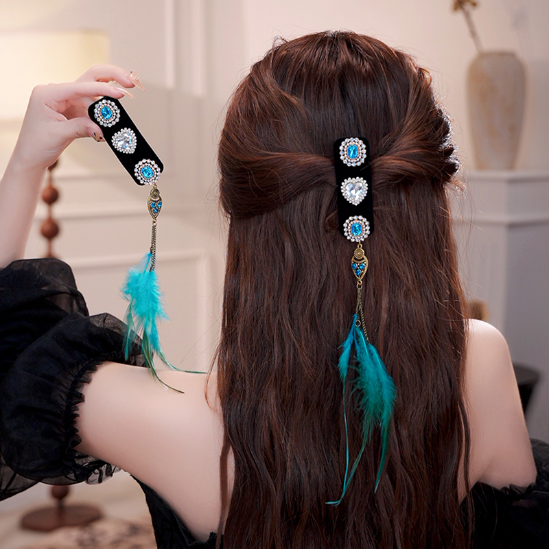 蓝调旧梦边夹新中式羽毛发夹民族风2025侧边刘海夹国风发饰边夹女