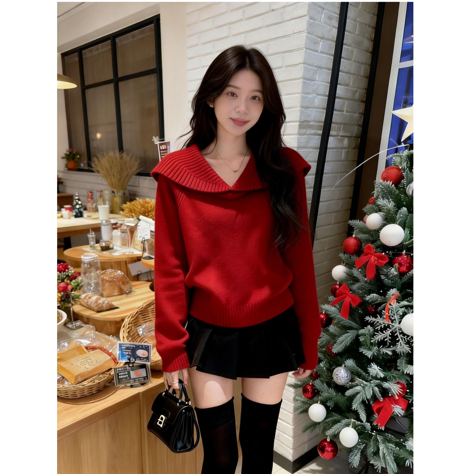 2025冬季新款翻领洋气时尚气质红色毛衣绝美显瘦长袖针织衫女爆款