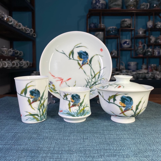 青远柴窑釉下五彩直播引流专属价仿王步经典单翠杯盖碗套组纯茶杯