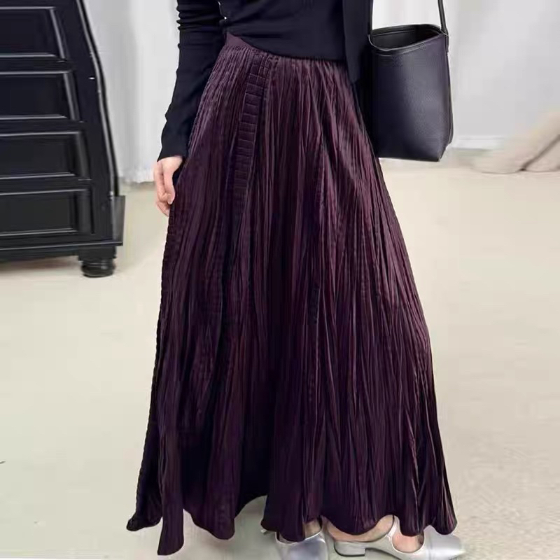 复古丝绒褶皱半身裙女2025秋冬季新款气质高腰显瘦肌理感a字长裙