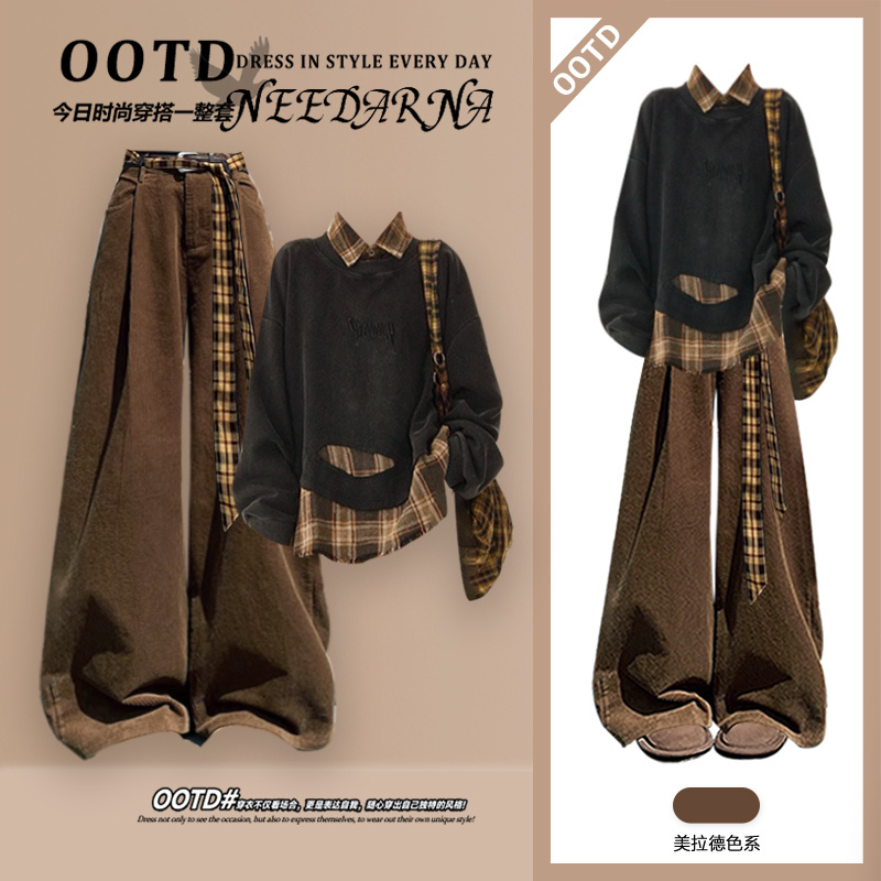 特大码300斤琥珀流光假两件卫衣套装早秋美拉德穿搭休闲裤男女装2