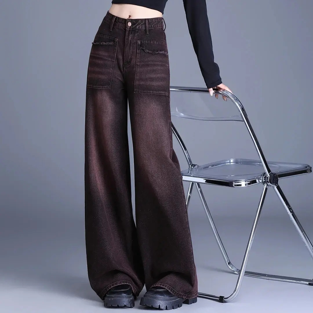 美式高街黑红色牛仔裤阔腿2025秋冬加绒显瘦高腰工装裤宽松直筒裤