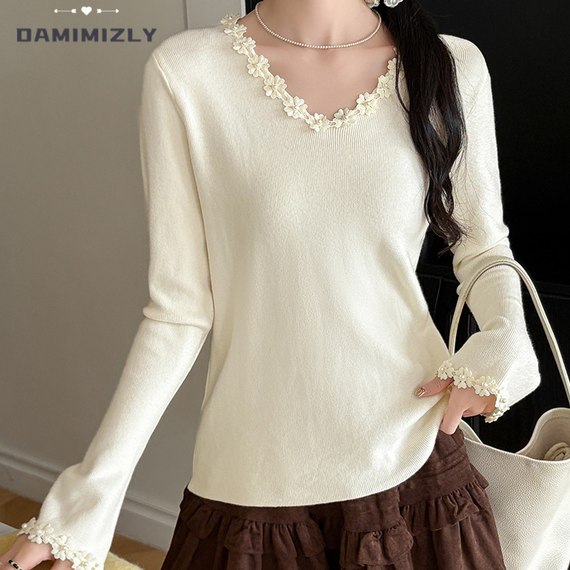 【美丽小衫】秋冬长袖毛衣重工花边领口袖子钉珠针织衫打底内搭外穿