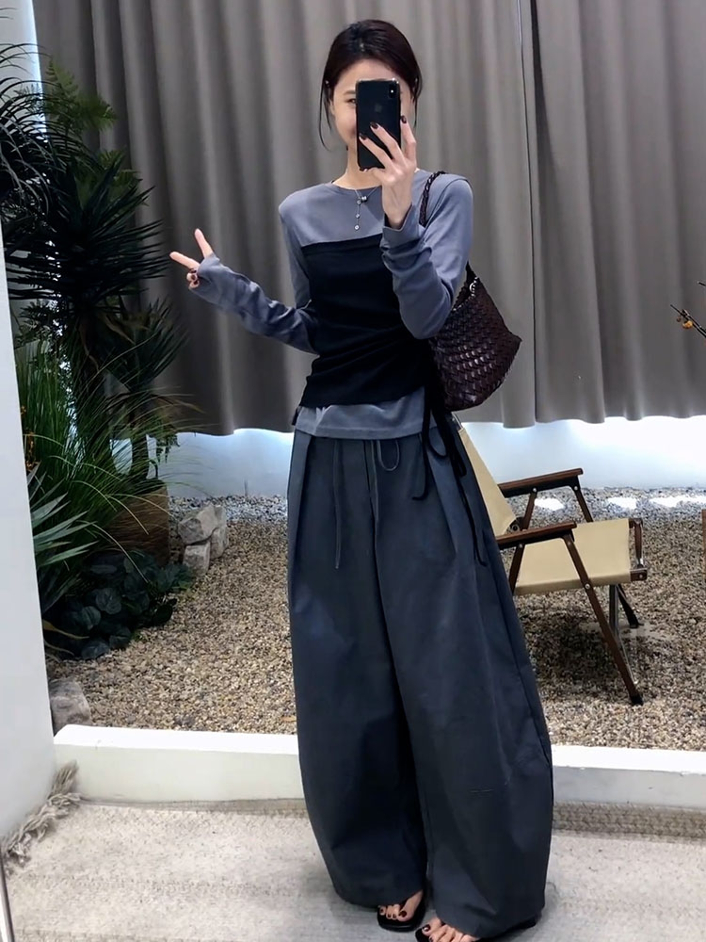 巨好看的秋装一整套干练气质高级感韩里韩气灰色假两件T恤套装裤