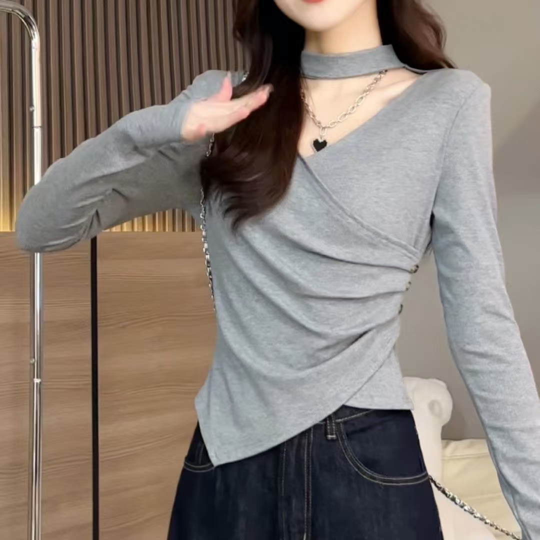 不规则螺纹长袖T恤女春秋冬新款设计感修身显瘦内搭打底衫上衣女