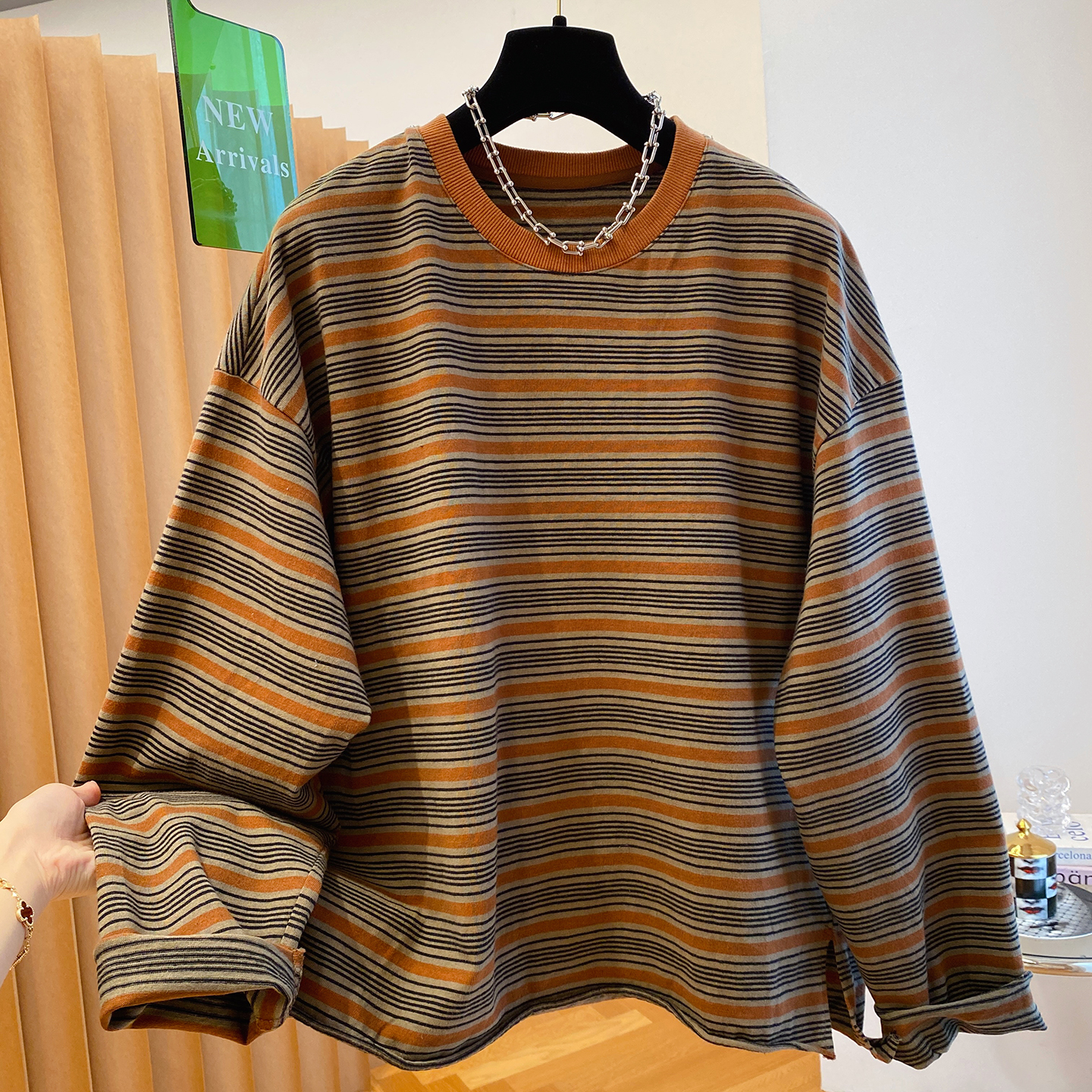 胖妹妹240斤大码韩系复古条纹长袖T恤女2025新款宽松圆领上衣秋季
