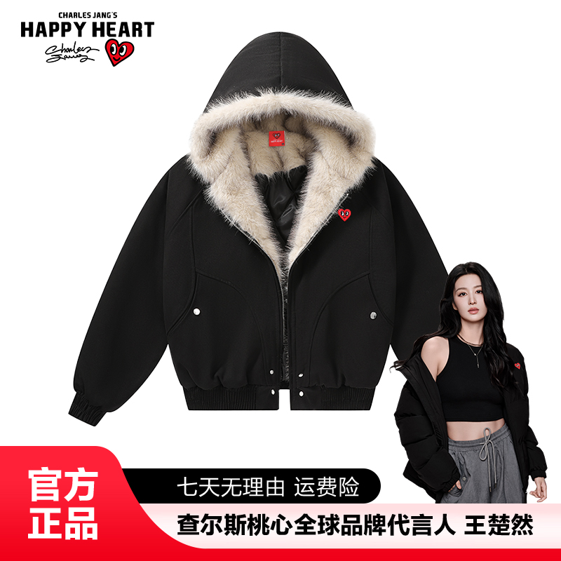 【加倍保暖】查尔斯桃心美式座山雕毛领棉服加厚情侣连帽棉衣外套