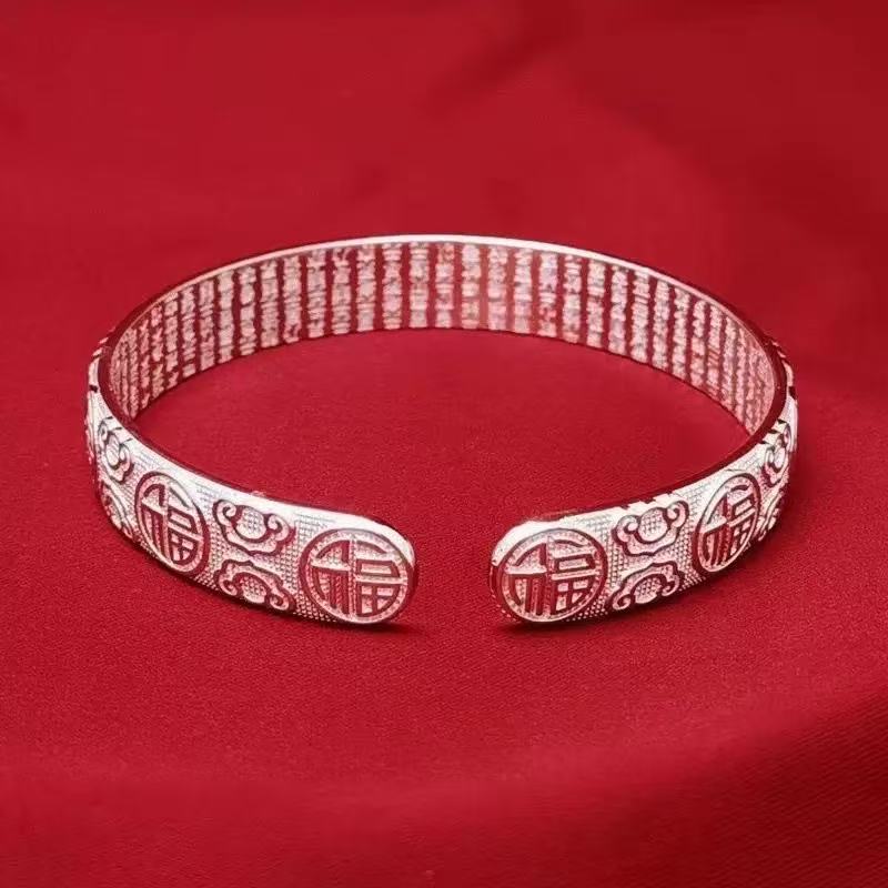 铜合金手镯 铜合金新款中国风百福开口银色手镯设计复古文艺时尚