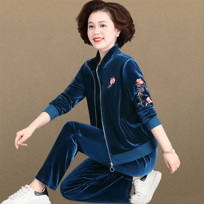 罗蒙妈妈装外套女春秋时尚气质中老年金丝绒运动服套装休闲三件套