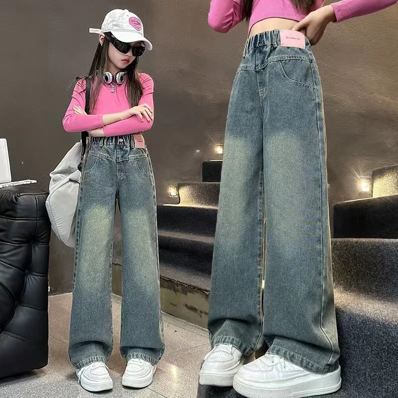 女童牛仔裤春秋2025新款洋气潮酷阔腿裤中大童春季直筒宽松裤子
