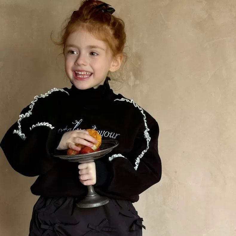 2025冬春季童装儿童新款加绒花边卫衣女童韩版套头加厚卫衣上衣