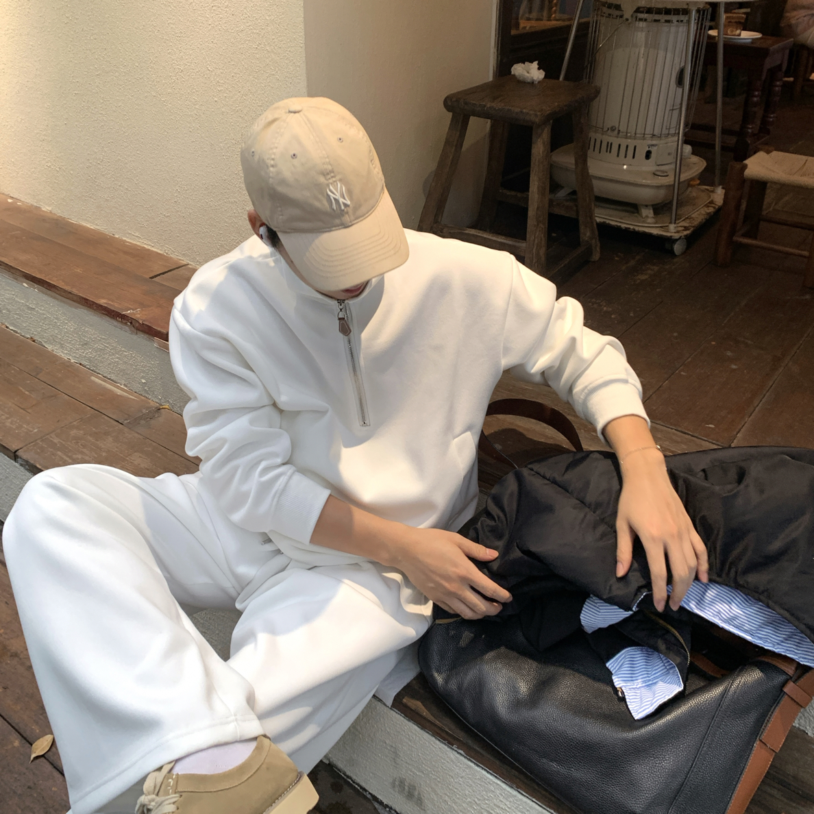 AGONG小众T26462 T25348翻领半拉链套头卫衣套装简约秋冬短款