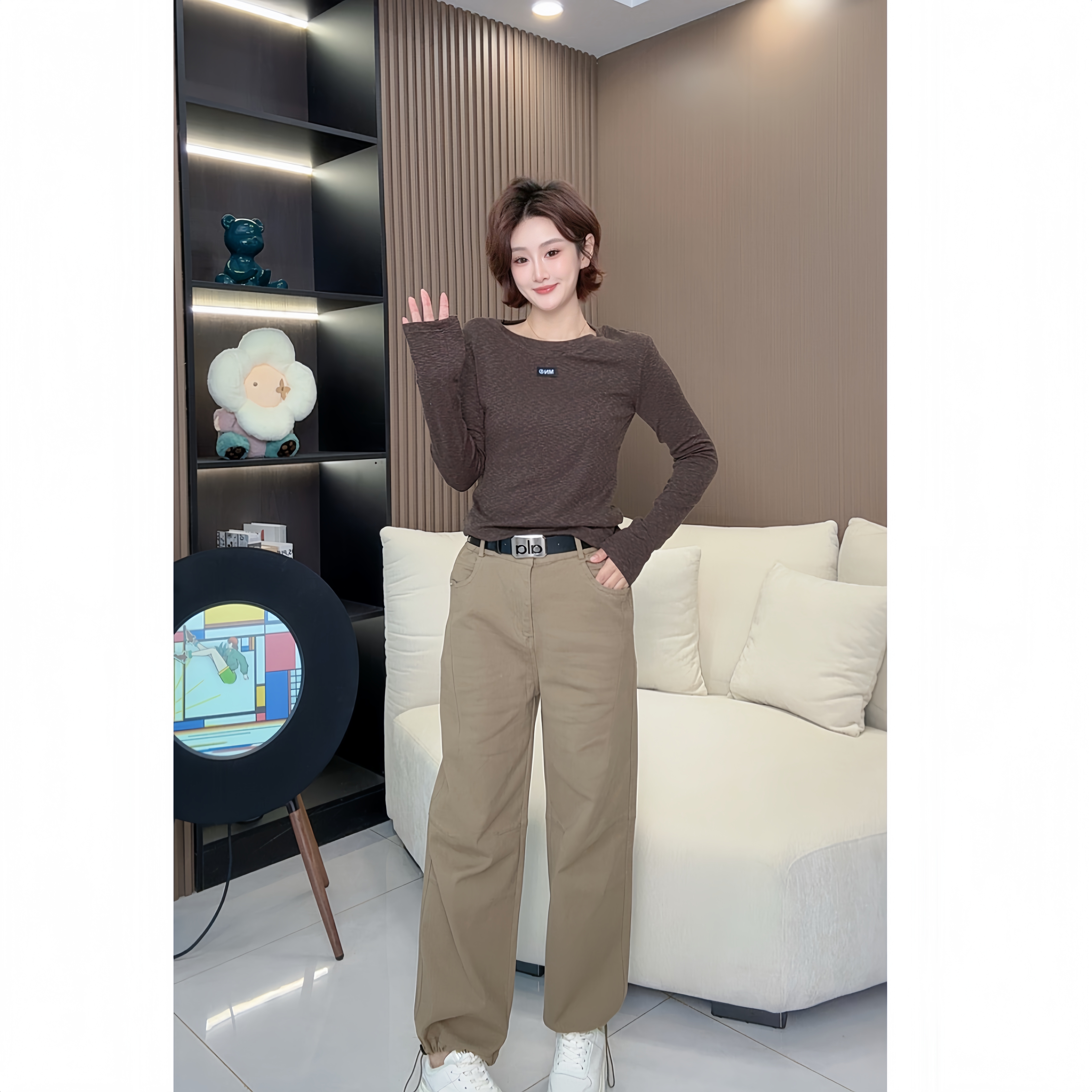 秋季新款女工装裤百搭洋气显瘦直筒女牛仔裤弹力女休闲裤（送腰带）