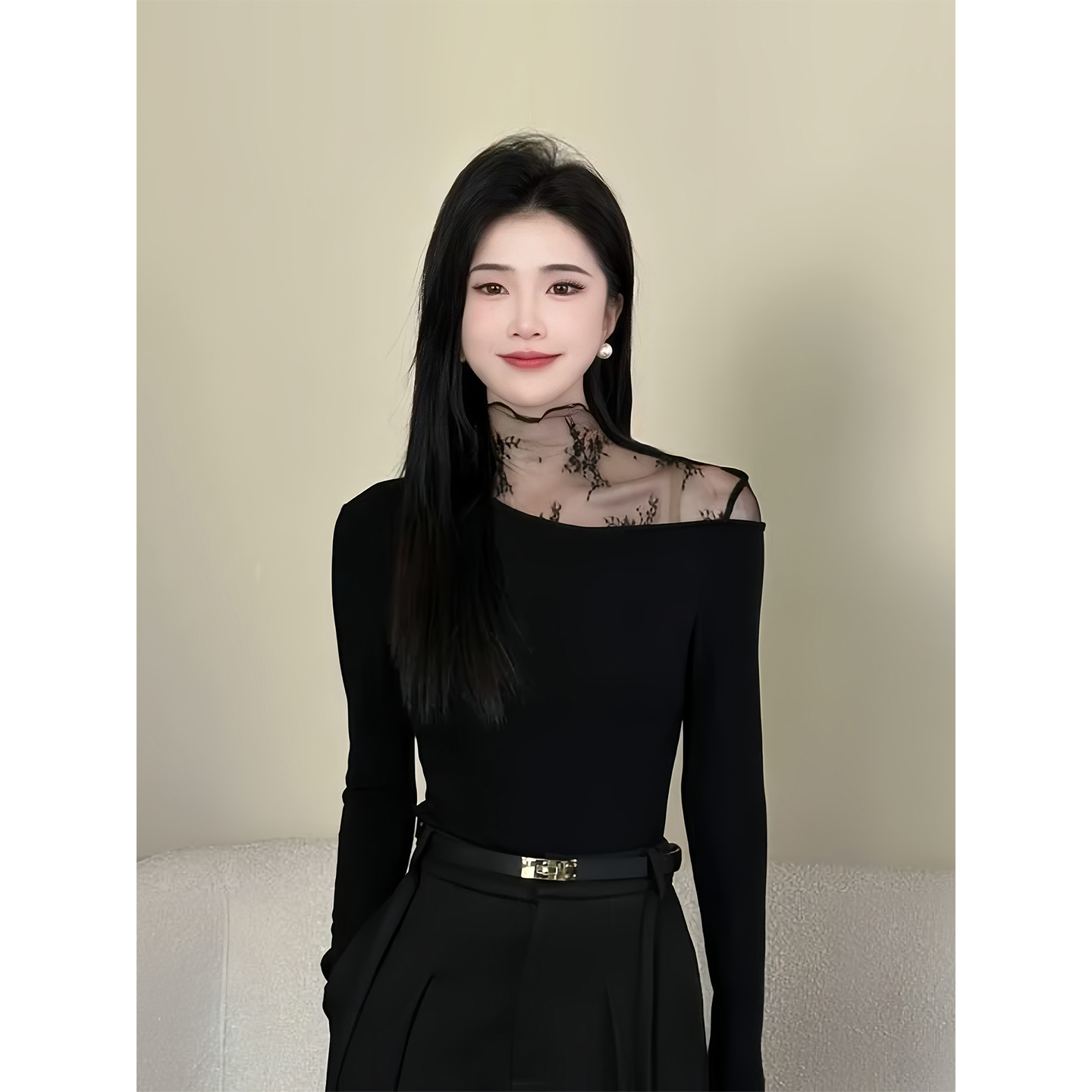 法式纯欲穿搭长袖拼接T恤女秋冬新款修身显瘦收腰高级感气质上衣