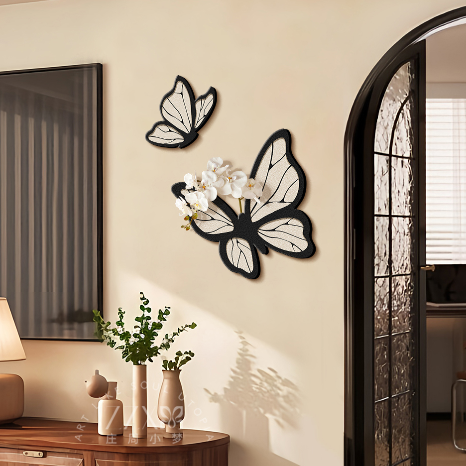 黑白蝴蝶电视背景墙装饰画法式中古风客厅挂画卧室立体砂岩挂件画