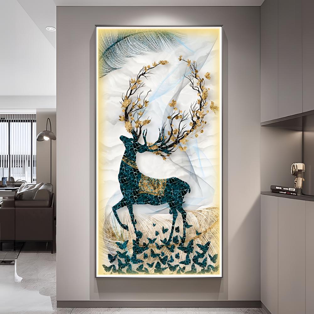 入户玄关装饰画竖版现代简约进门走廊过道壁画挂画轻奢高档晶瓷鹿