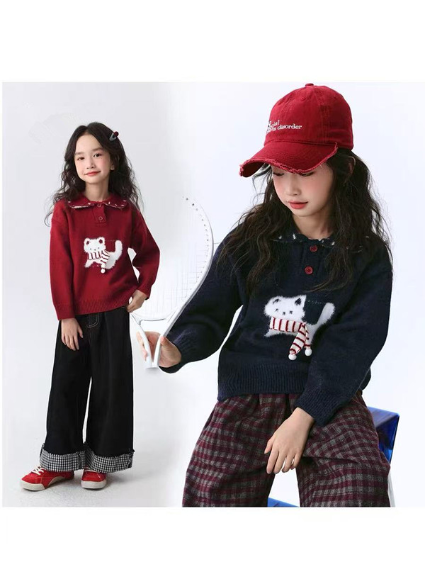 女童韩系polo领套头提花小猫宽松秋冬季慵懒针织毛衣上衣百搭洋气