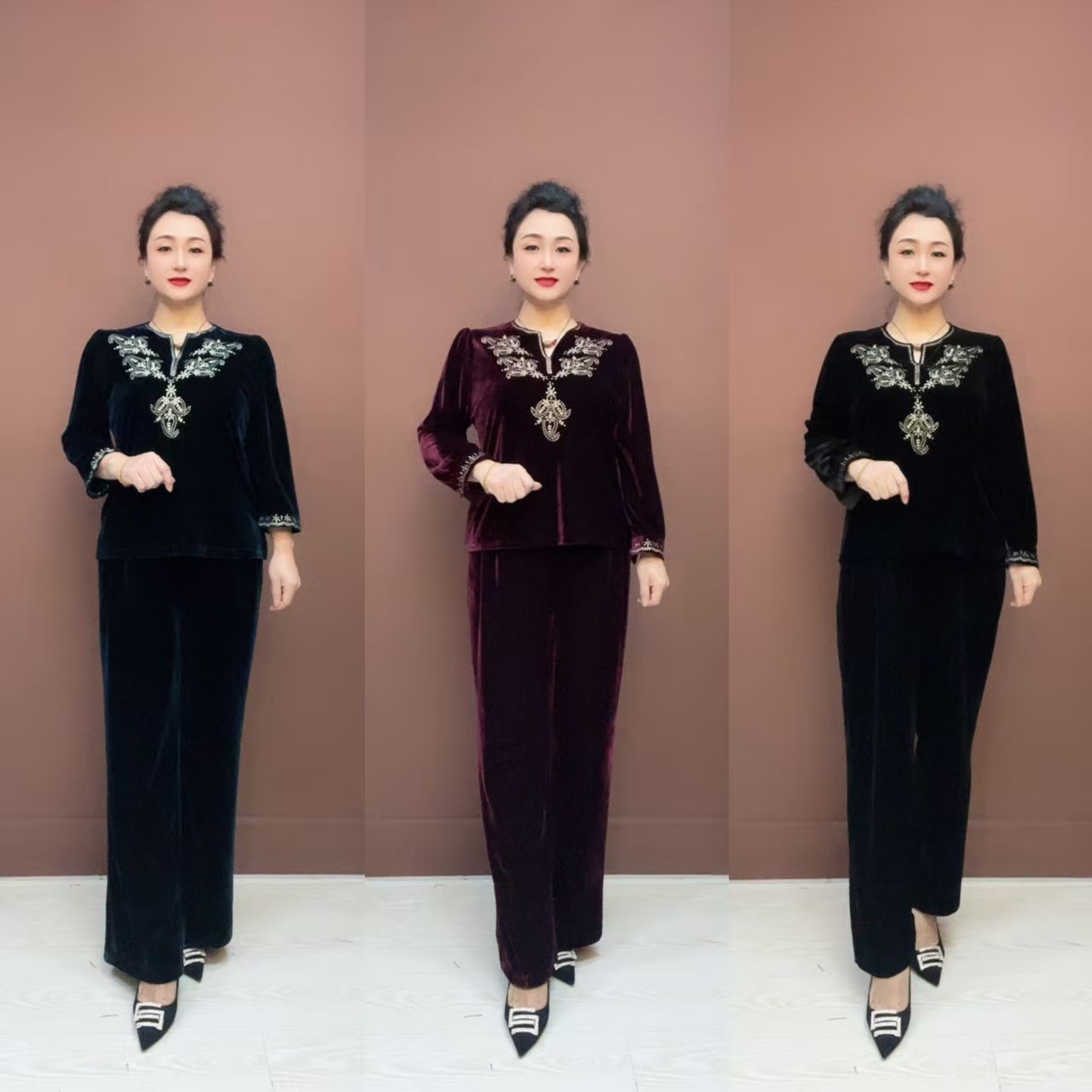 6125新款气质显瘦洋气丝绒套装中老年女装重工休闲两件套