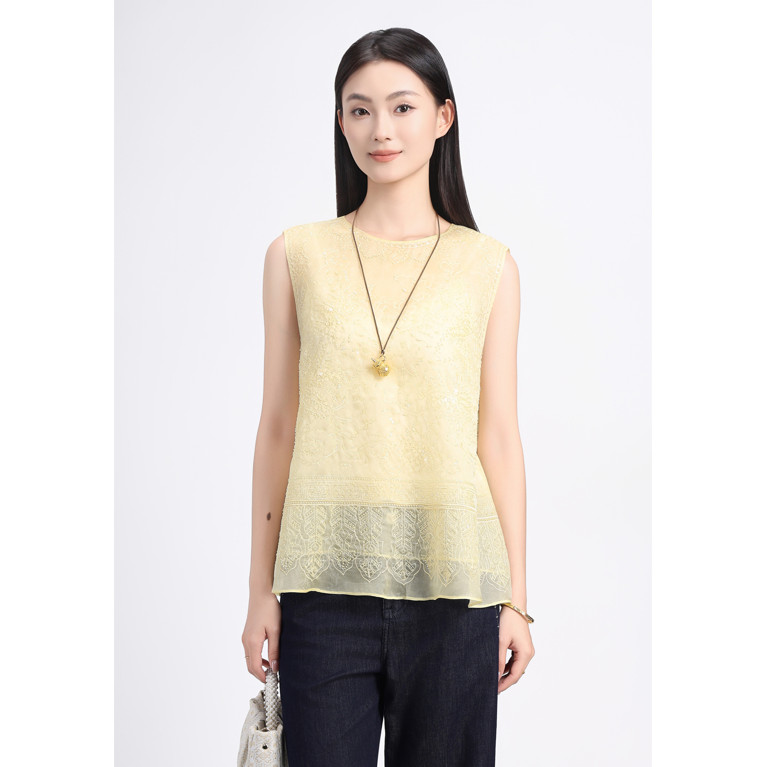 矝羽轩JINYU矜羽【星砂】黄色珠纱马夹背心上衣 新中式马夹女夏款