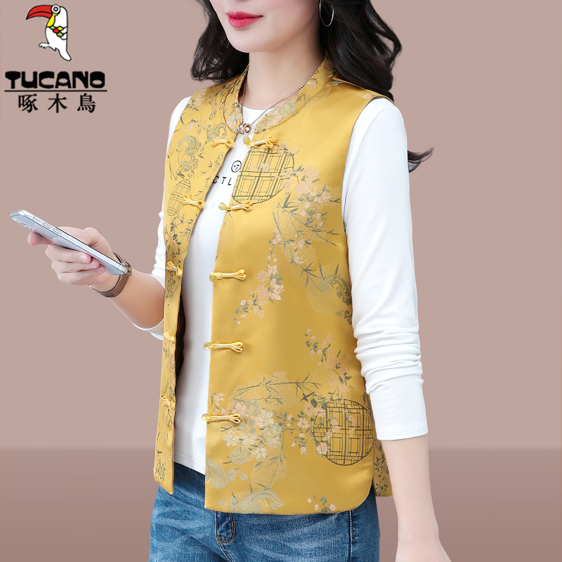 啄木鸟洋气妈妈新中式国风马甲女款2025新款春秋中年坎肩马夹外套