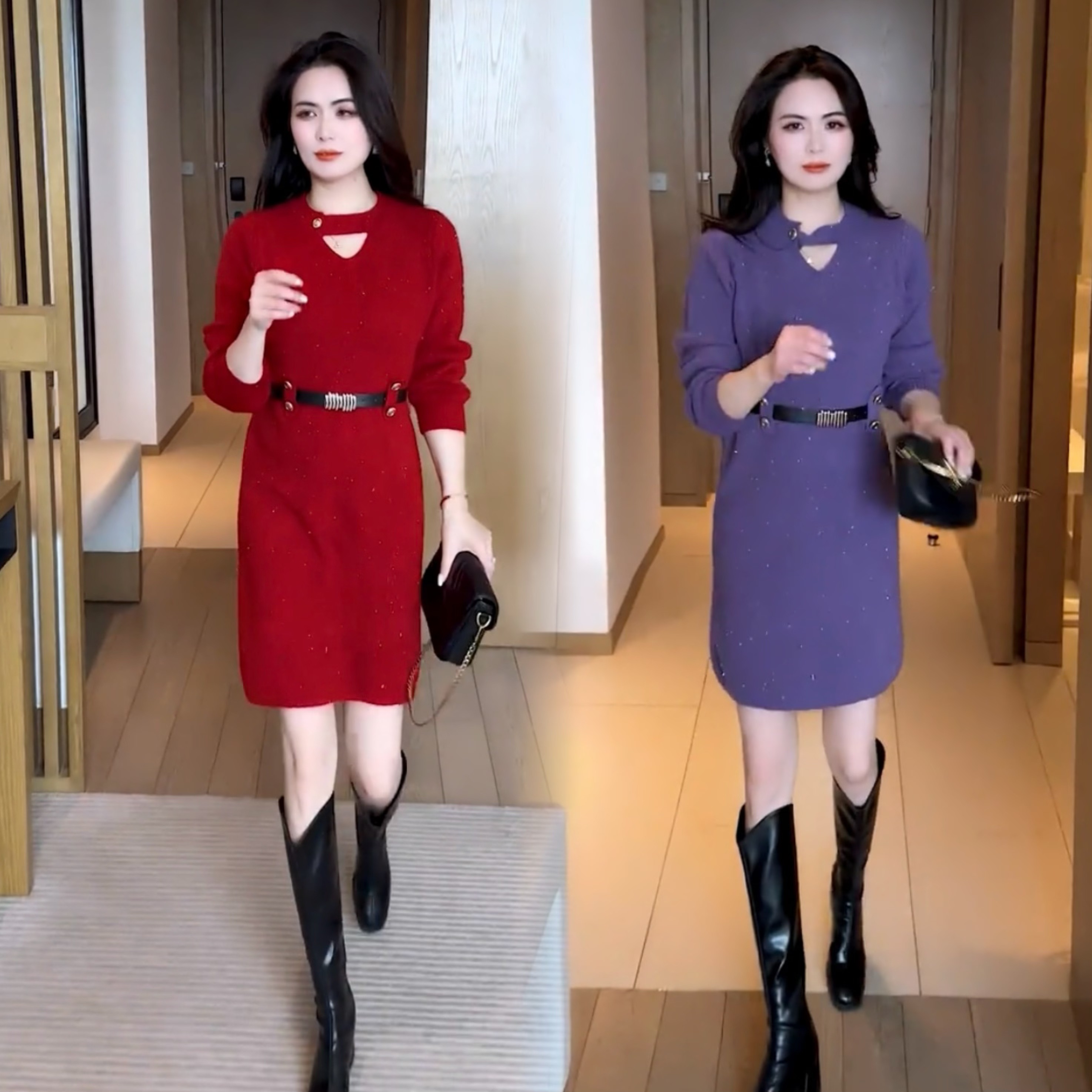 2025连衣裙拼接显瘦春秋冬V领A字裙圆领长裙常规