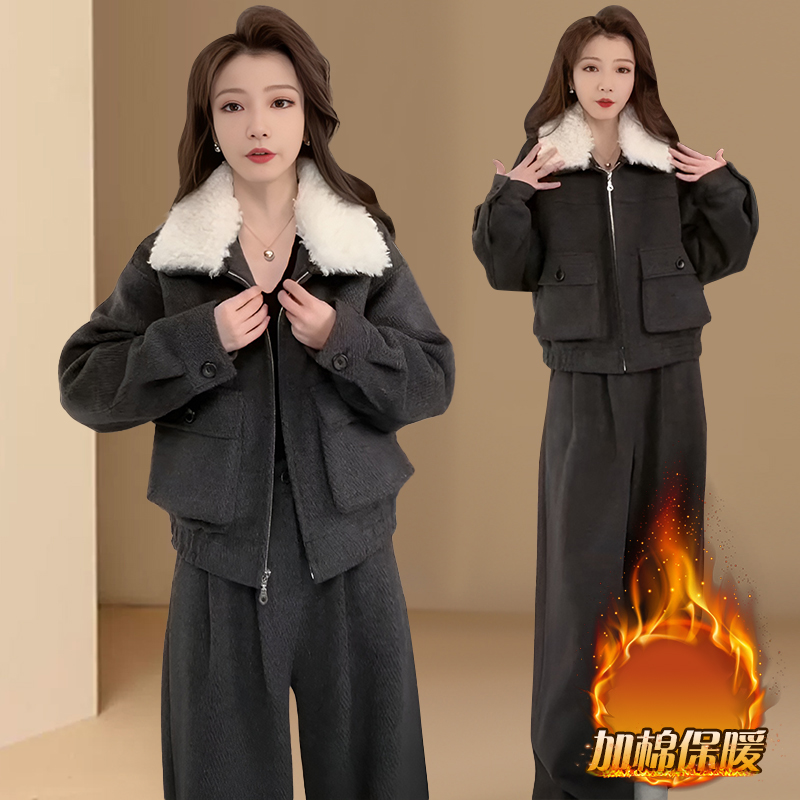 时尚休闲毛毛拼接套装女秋冬慵懒风宽松夹棉加厚外套阔腿裤两件套