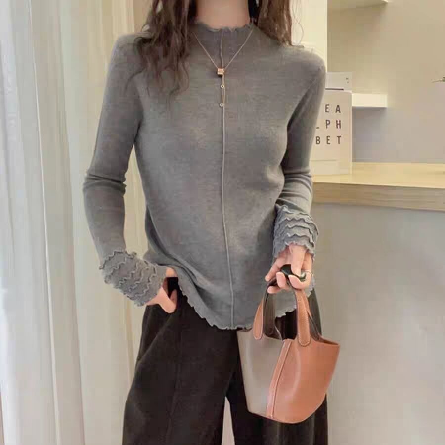 温柔长袖木耳边半高领针织衫2025秋冬内搭亲肤长袖上衣减龄打底衫