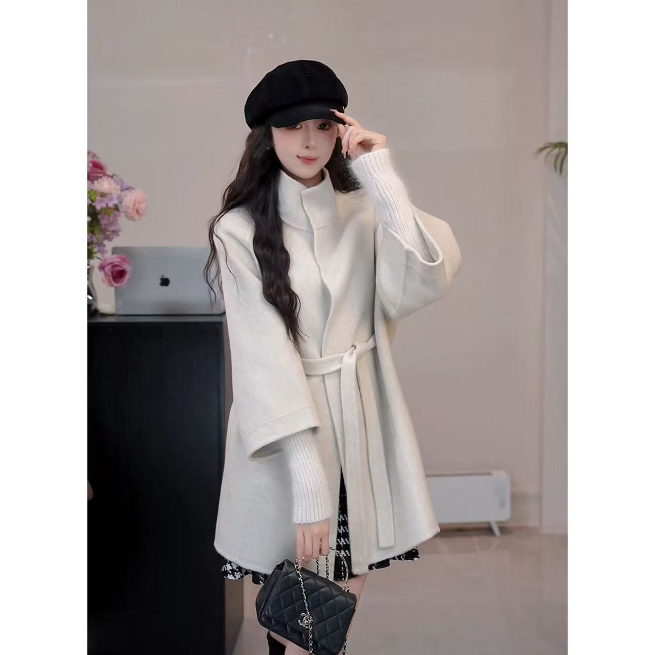 YUANLIANSU/圆脸酥【踏进银河】韩版绑带立领毛呢外套拼接针织袖女