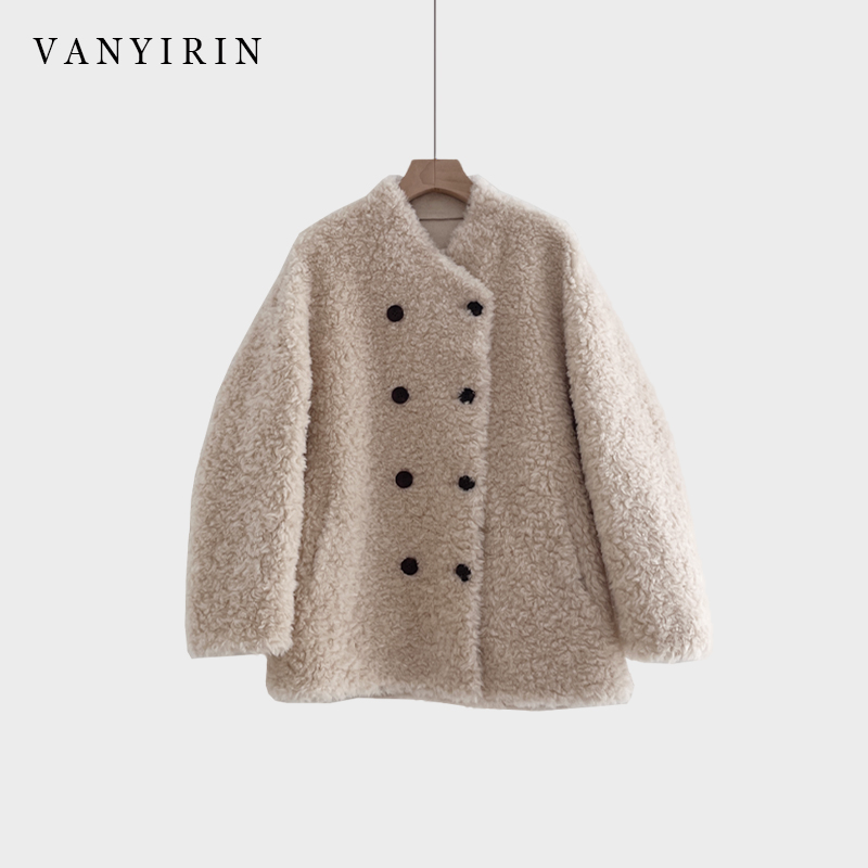 100绵羊羔毛休闲风双排扣2025冬季新款皮毛一体皮草外套女中长款