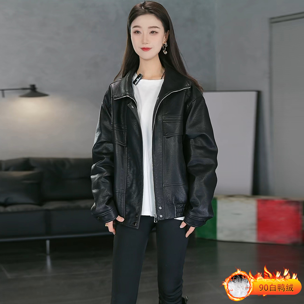 羽绒皮衣外套女复古2025冬新款立领廓形加厚保暖飞行机车皮夹克潮