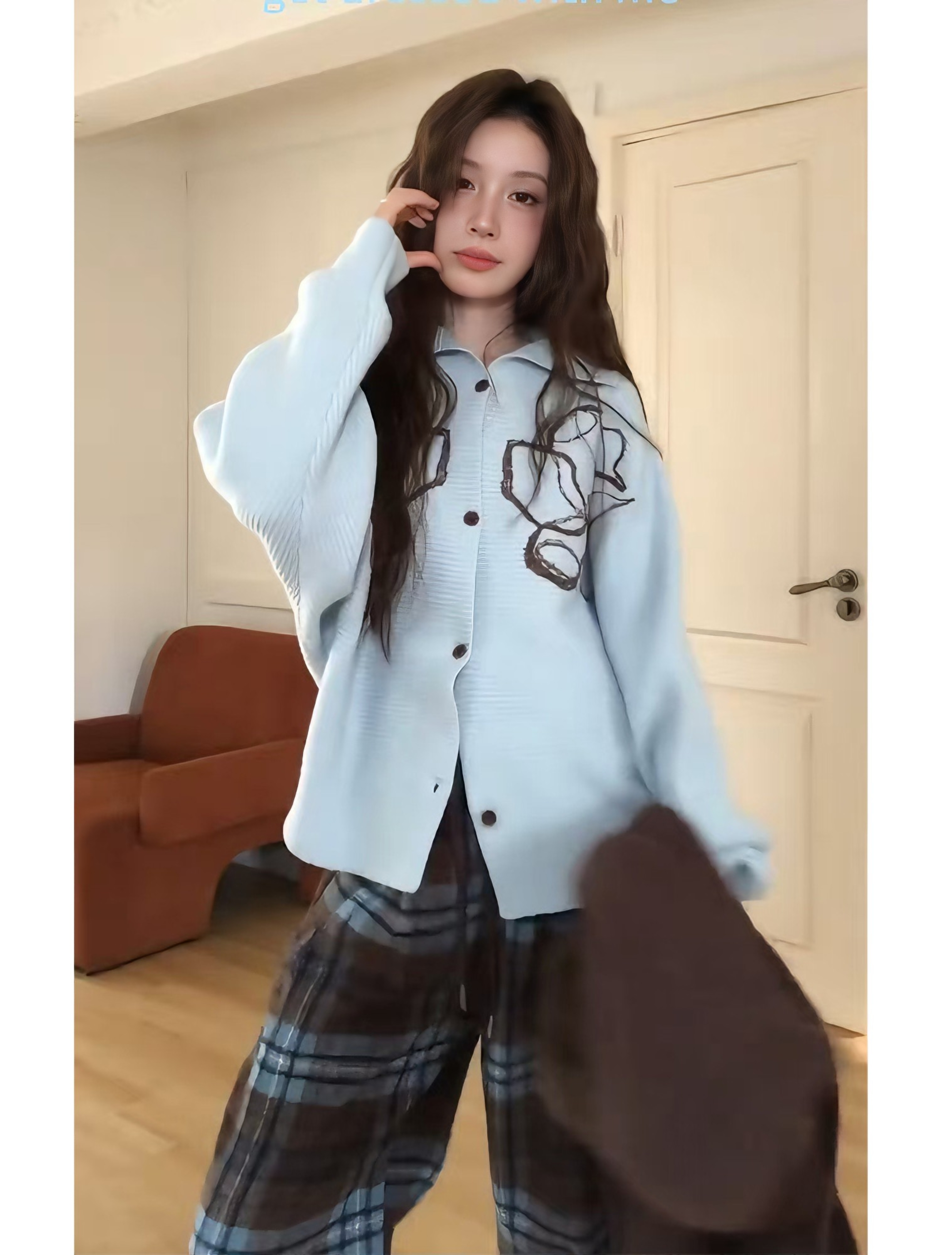 2025年冬季新款温柔风时尚休闲套装韩版开衫上衣休闲格纹阔腿裤潮