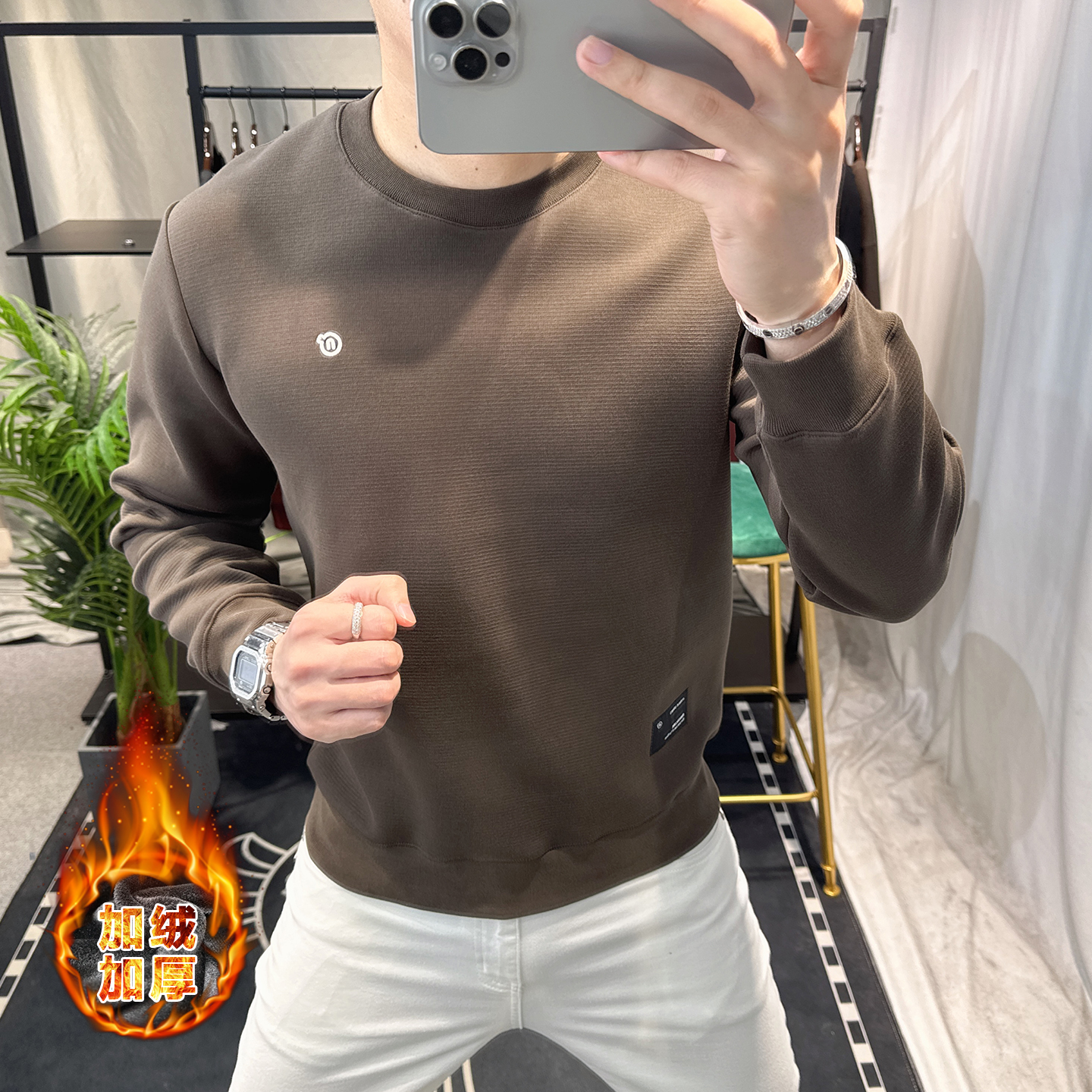 欧洲站潮牌加绒加厚卫衣男2025冬款圆领长袖休闲保暖上衣打底衫