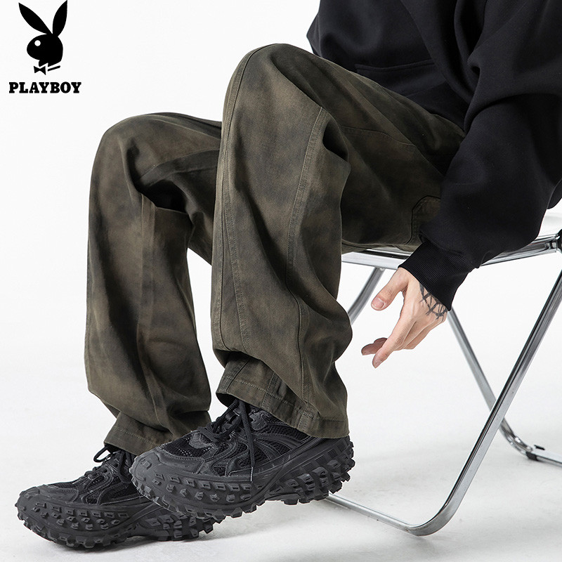 花花公子脏脏做旧复古休闲裤男款春秋季宽松百搭冲锋直筒长裤男裤