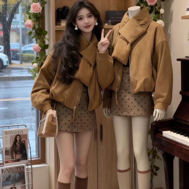 冬季穿搭一整套高级感韩系气质宽松加厚棉服短外套显瘦半身裙套装