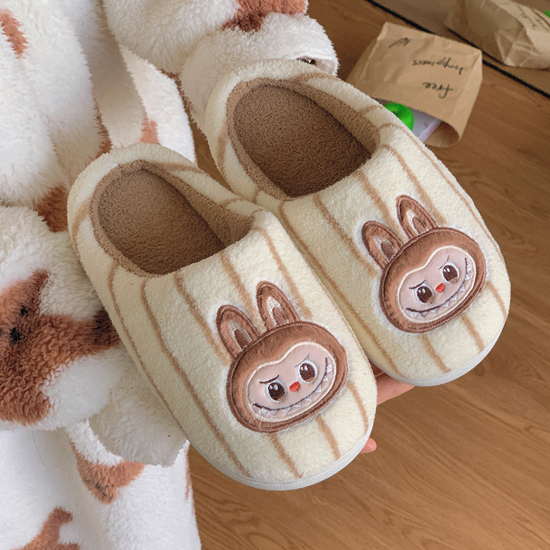 卡通拉bubu条纹棉拖鞋秋冬季百搭休闲情侣男女居家保暖棉鞋女假日