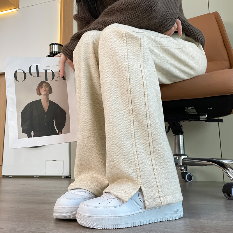 【加绒款】人字纹毛呢开叉香蕉阔腿裤女秋冬九分大码直筒休闲裤女A