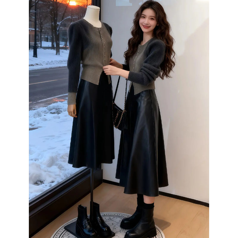 秋冬氛围感穿搭女2025新款洋气渐变色针织毛衣高腰半身裙两件套装