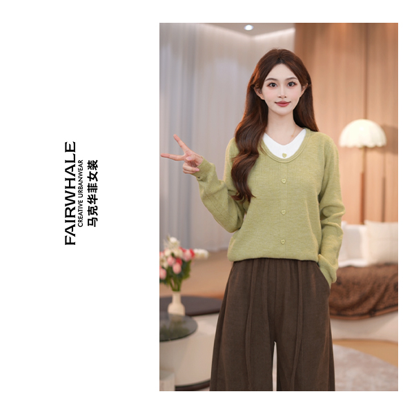 马克华菲女装拼接V领简约U型领休闲打底衫毛针织衫F54004A506 qq