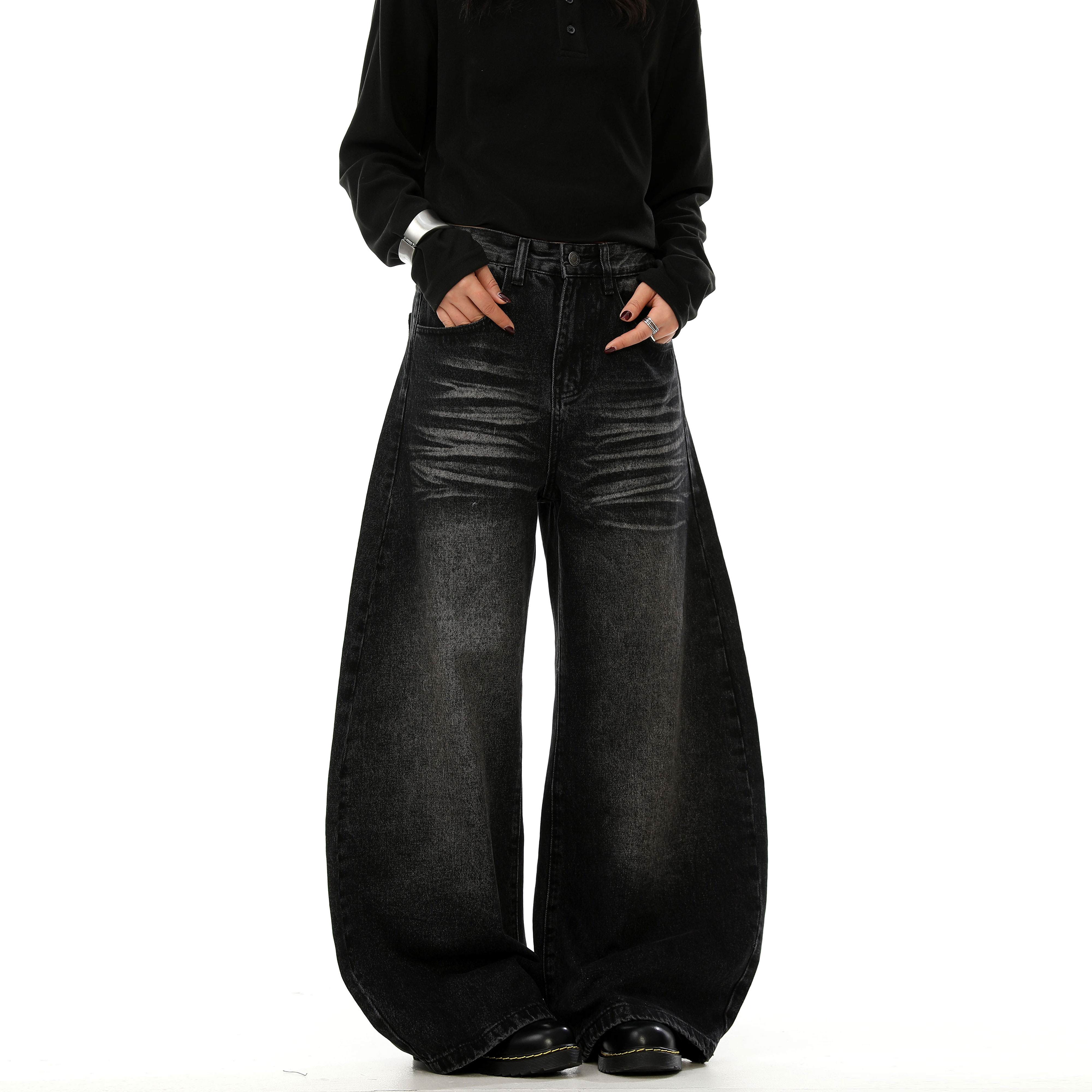 J LONE美式复古猫须水洗做旧弯刀牛仔裤男女宽松阔腿cleanfit裤子