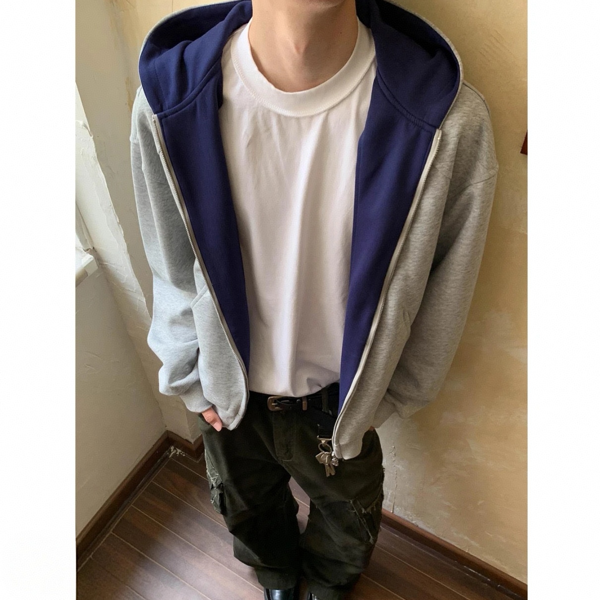 春秋季连帽卫衣男生休闲百搭双拉链外套港风时尚潮流连帽开衫长袖