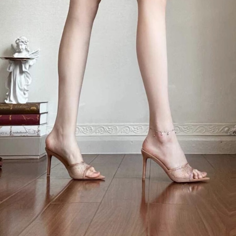 网红凉鞋女夏季外穿新款细跟尖头网纱水钻高跟鞋露趾一字带凉拖鞋