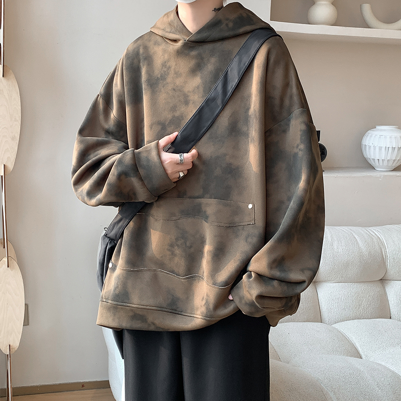 半拉链立领扎染套头卫衣男秋季加肥加大码潮胖人宽松学生运动外套