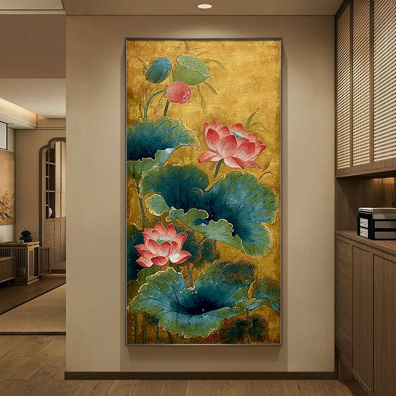 宋代美学莲花玄关装饰画荷花走廊过道挂画家和万事兴茶室入户壁画