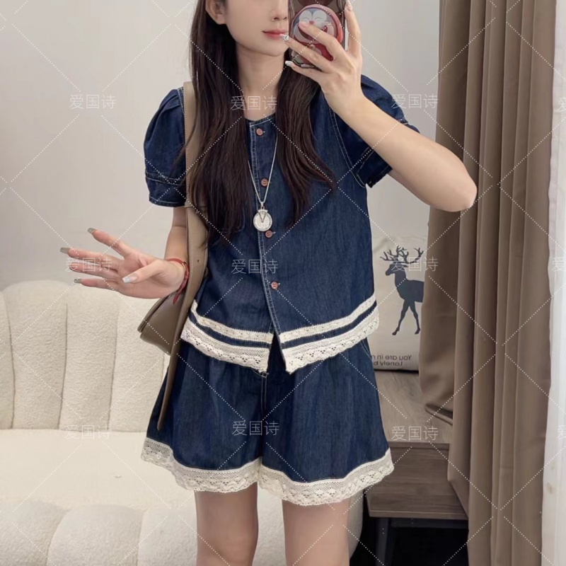 重工艺高级感时尚牛仔套装夏季宽松显瘦上衣高腰短裤两件套605#
