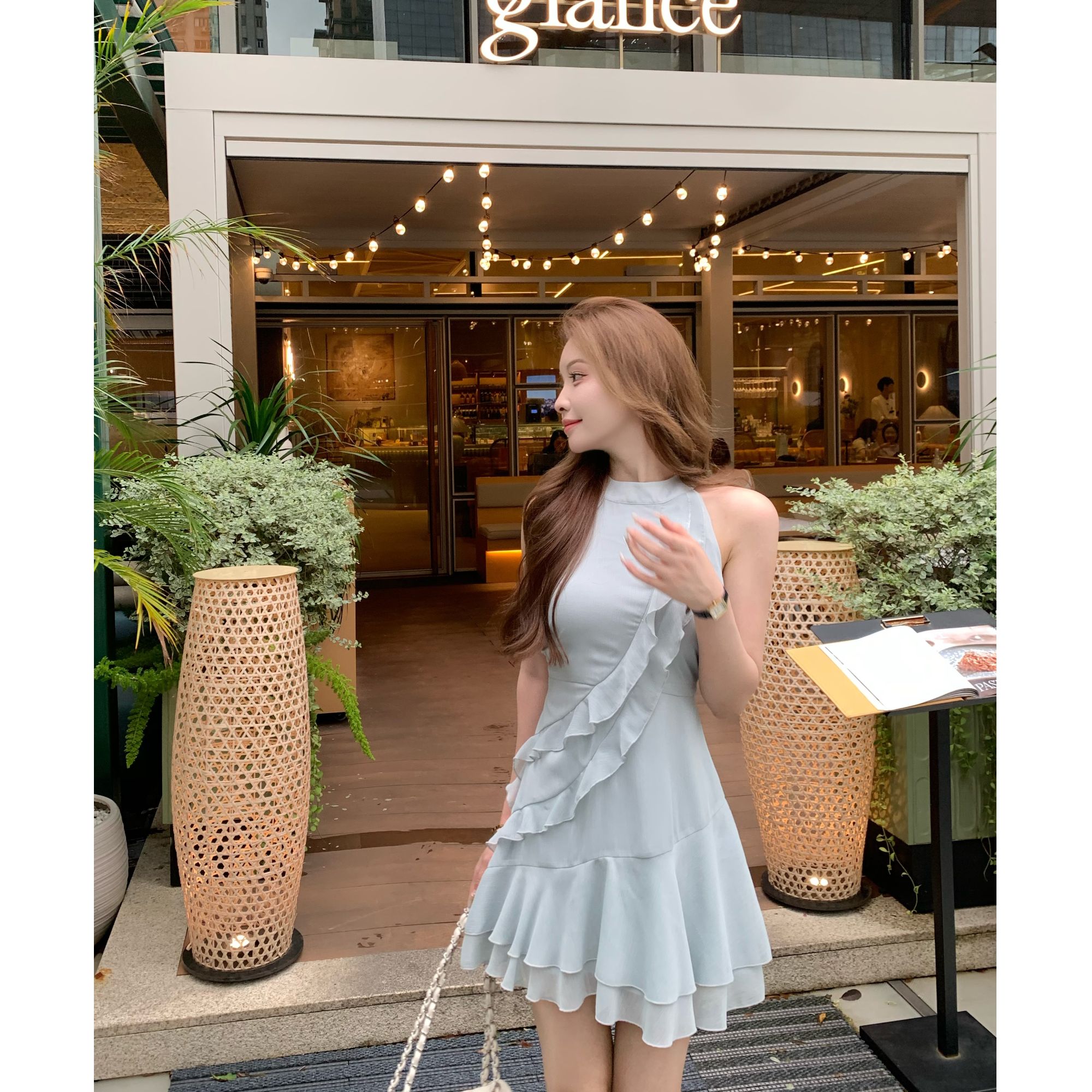 SZA【如梦生花】夏季新款度假风设计感无袖挂脖显瘦修身短裙A-2093