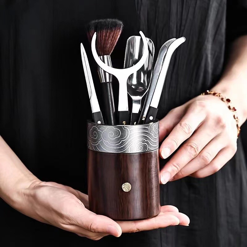 高档不锈钢黑檀木六君子套装家用茶配件高档功夫茶具六件套收纳桶