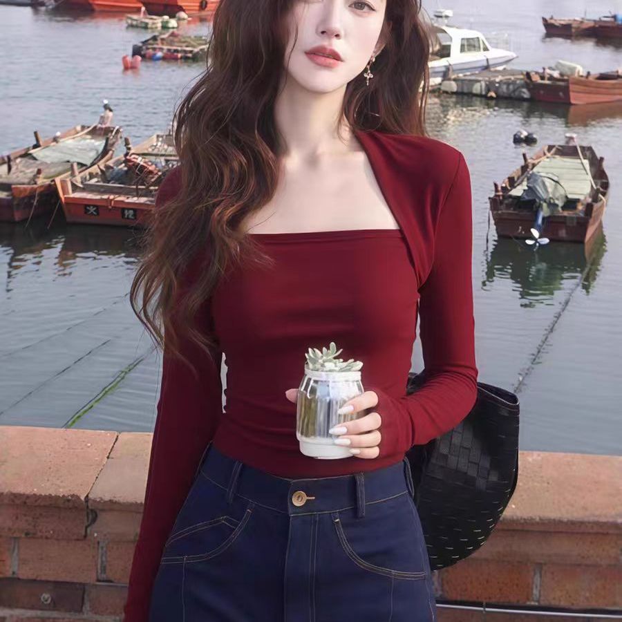 秋冬磨毛加绒修身短款显瘦内搭打底衫新款辣妹上衣方领长袖t恤女