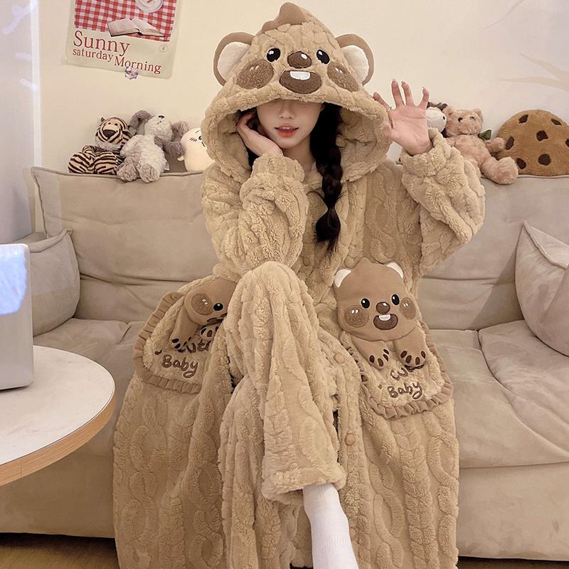 2025新款珊瑚绒睡衣女加绒加厚睡袍女士冬天浴袍秋冬季家居服套装