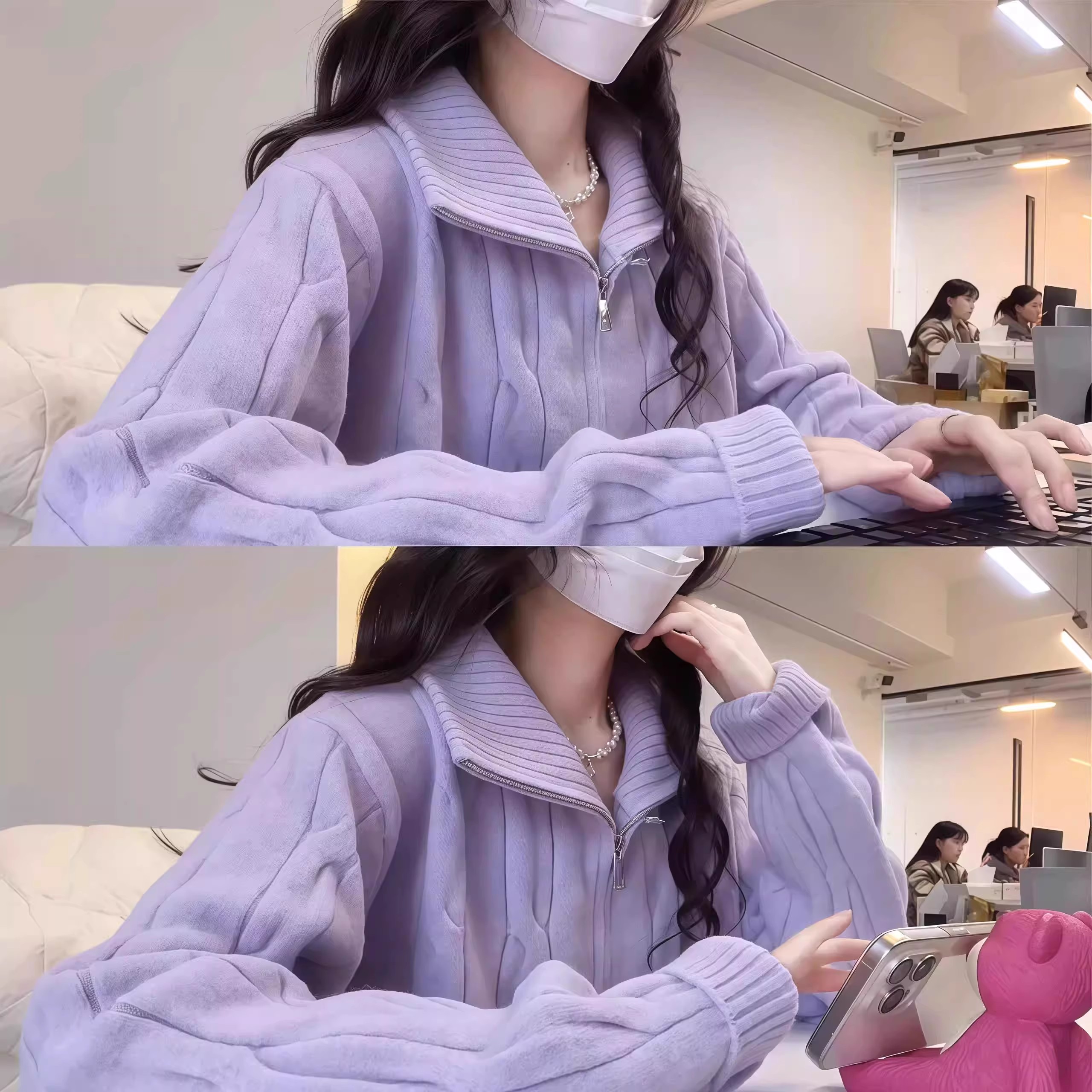 秋冬新款宽松加厚麻花双拉链长袖针织开衫女韩系高领毛衣百搭外套