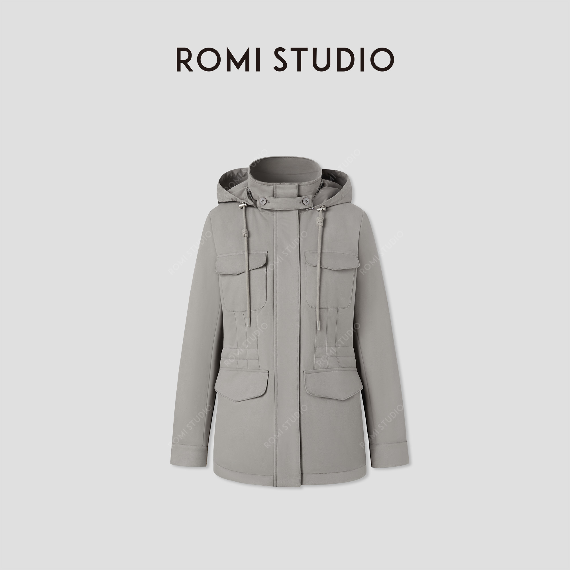 ROMI STUDIO“温暖过冬”白鹅绒立领连帽廓形夹克羽绒服RW24WW71259
